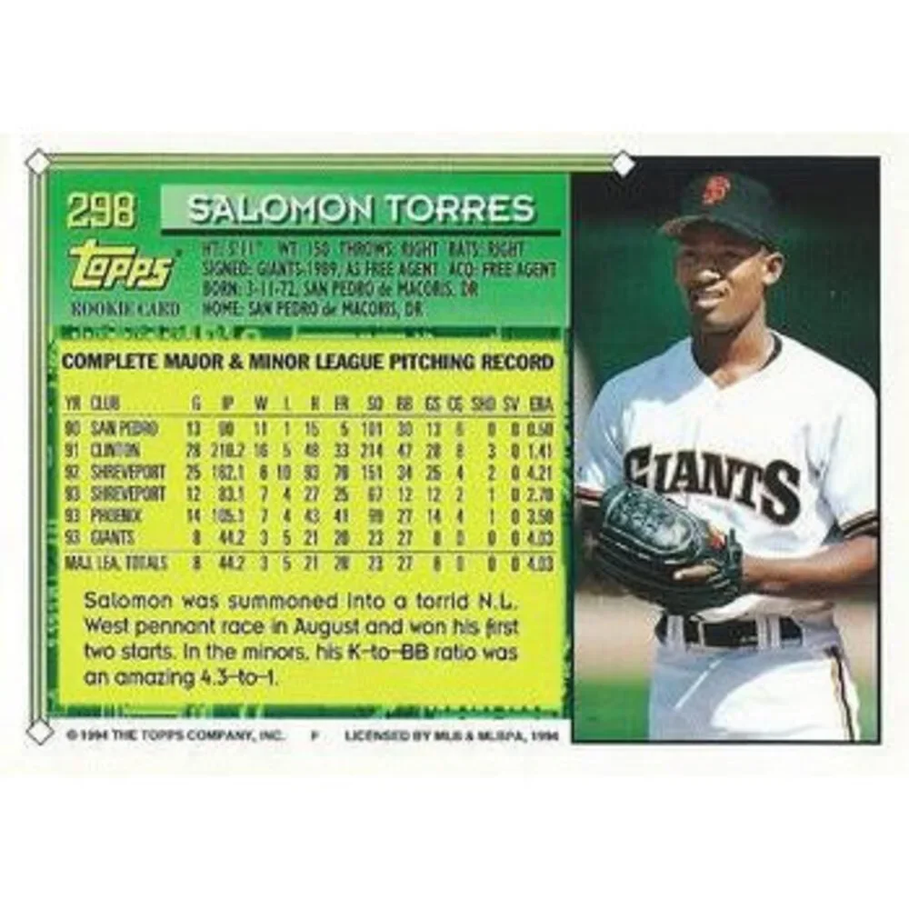 1994 Topps Salomon Torres FS, RC # 298 San Francisco Giants